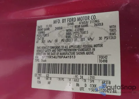 2006 Ford Ranger Sport/Stx/Xl/Xlt z USA, uszkodzony, nr VIN 1FTYR14U76PA41513